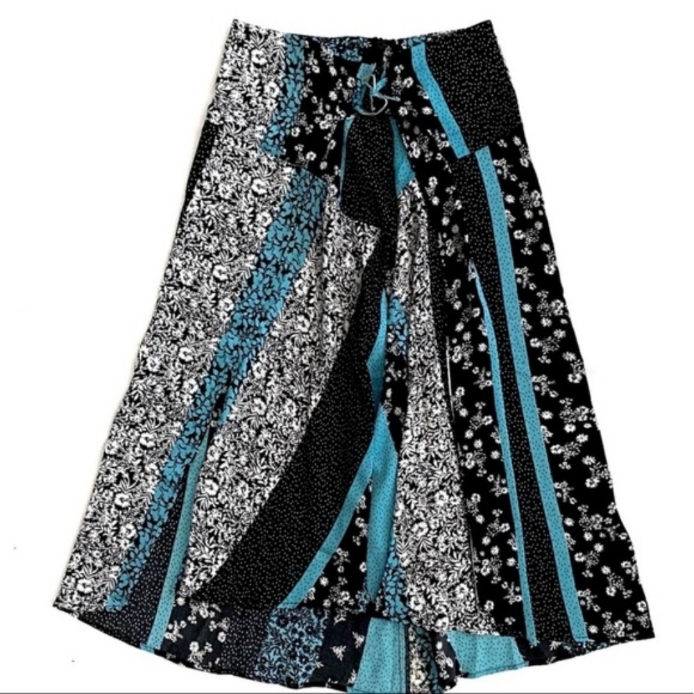 Laundry By Shelli Segal Black, White & Teal Patchwork Maxi Skirt